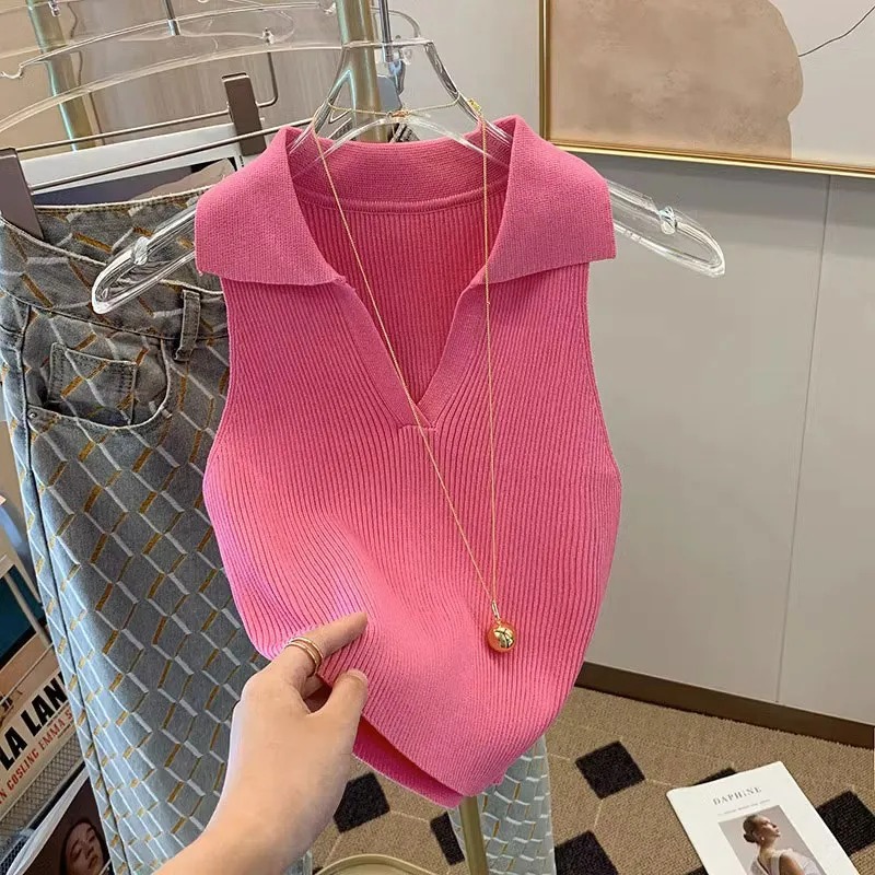 Tank Top Ribbed - 여성용 로즈 리브 니트 탱크탑 폴로